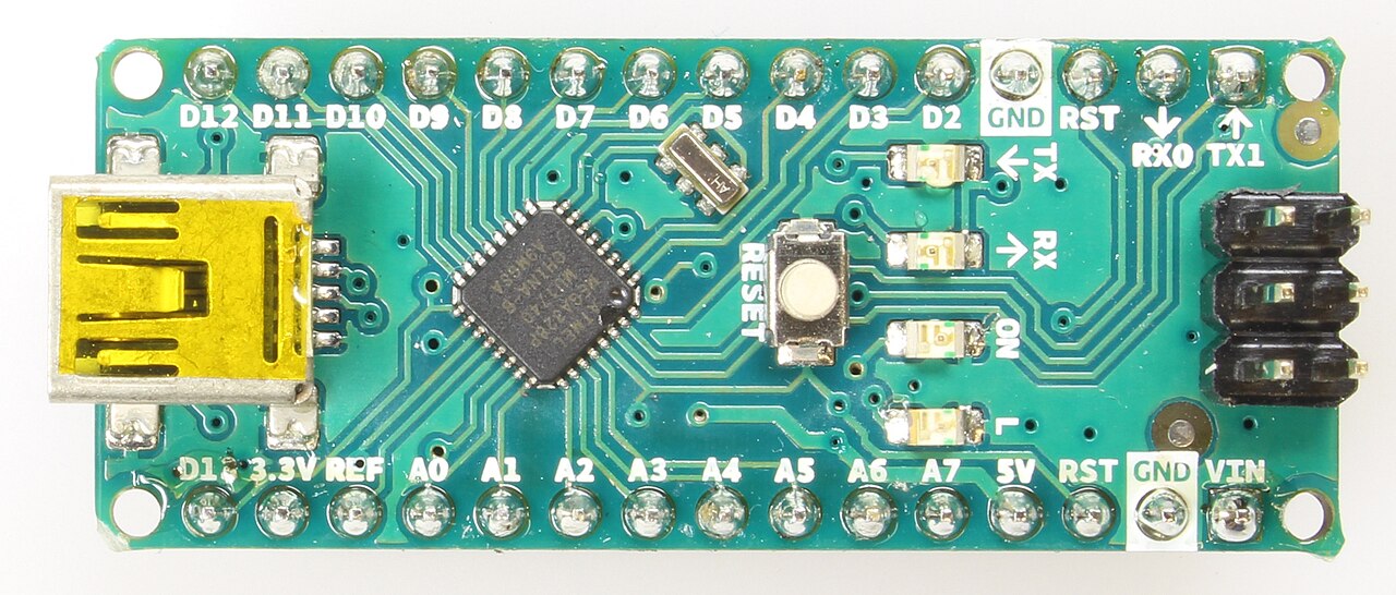 An Arduino Nano-format board. Arduino boards with Cortex-M4 cores are a common teaching platform for TinyML.