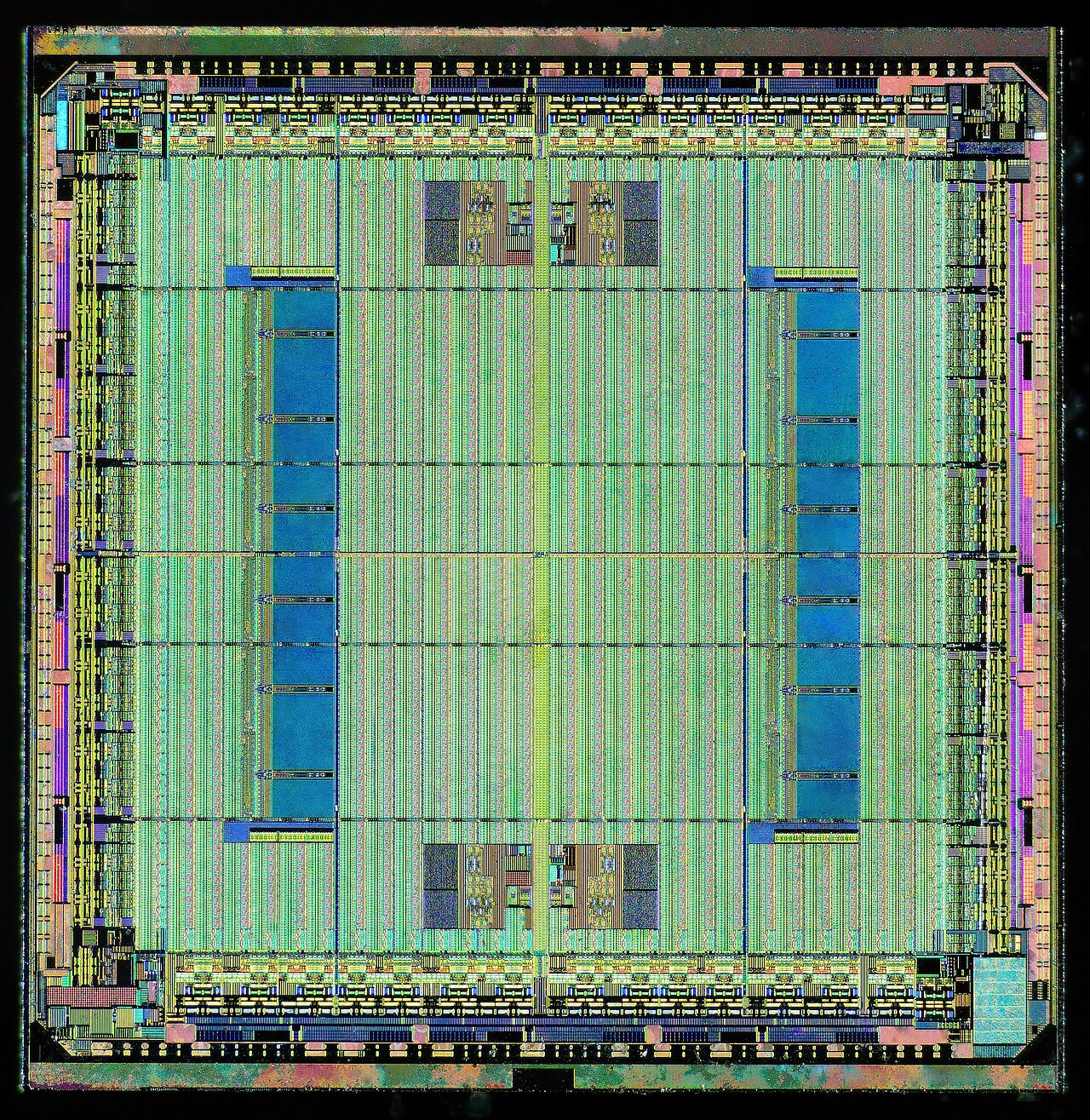 An FPGA die. The regular texture is the array of configurable logic blocks and routing.