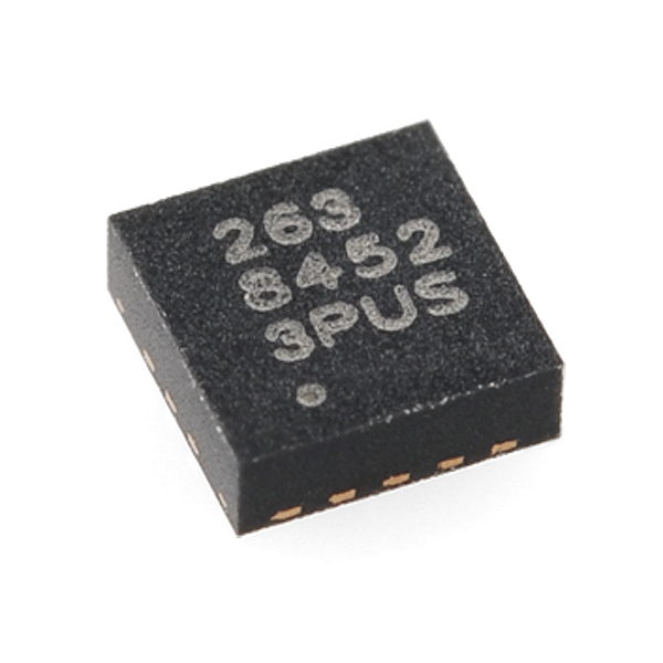 A three-axis MEMS accelerometer breakout board. The sensor itself is the 3 × 3 mm package in the centre.